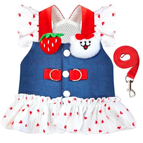 Small Dog Harness and Leash Set Denim Cat Harness Dress for Puppy Clothes for Girls Pink Dog Birthday Dress French Bulldog...