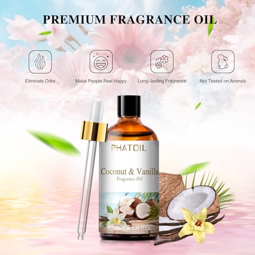 PHATOIL 3.38FL.OZ Coconut & Vanilla Fragrance Oils for Aromatherapy, Essential Oils for Diffusers for Home, Perfect for Di...