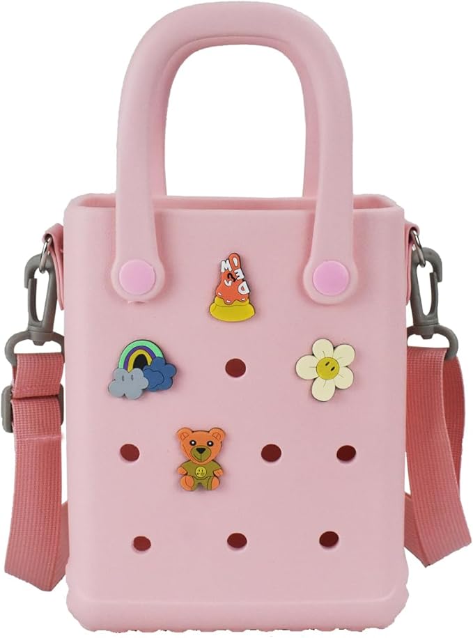 Juyeesm Mini Rubber Beach Bag with Strap & Charms, Waterproof EVA Beach Bag for Girls, Small Rubber Tote Bag for Women
