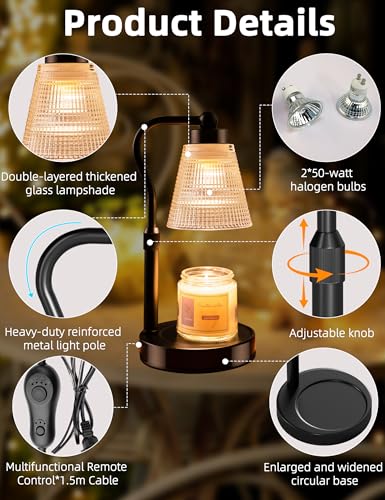 Candle Warmer Lamp for Jar Candles, Height Adjustable & Dimmable with 2/4/8H Timer, 2*50W Halogen Wax Melter Warmer for Ho...
