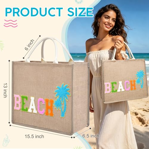 KUIRAN Beach Bag for Women Large Woven Straw Bag with Chenille Letter Patches and Water-resistant Lining, 20L Tote Handbag