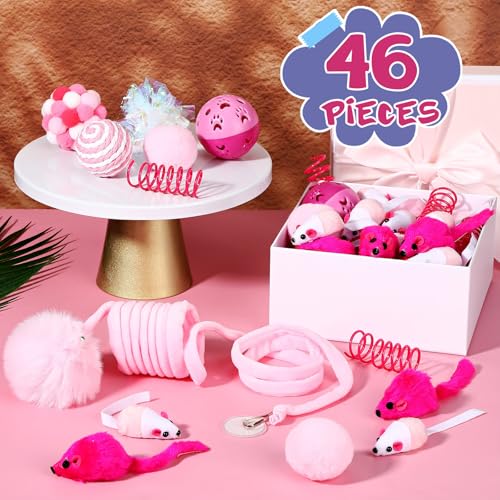 Gemscream 46 Pcs Cat Toys Set Interactive Cute Cat Toys Include Fur Mice Rattle Springs Crinkle Balls Pompom Bell Sisal Ba...