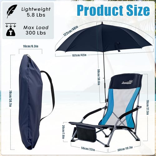 Lamberia Folding Beach Chair with Umbrella for Adults, Portable Low Beach Chairs with 300lbs Capacity, Lightweight Fodable...