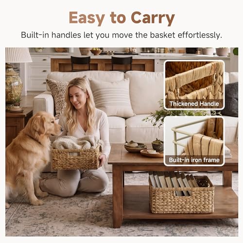 StorageWorks Large Rectangular Wicker Basket, Water Hyacinth Storage Basket with Built-in Handles, 1 Pack