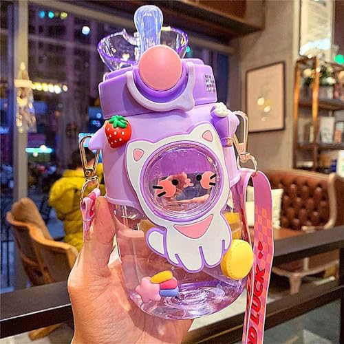 Kawaii Water Bottle Cute Water Bottles for Girls, Kawaii Water Bottle with Straw and Adjustable Strap, Portable Leakproof ...