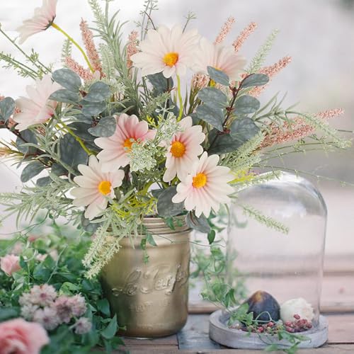 HO2NLE 2 Bundles Artificial Wildflowers Fake Daisy Flowers Bouquet Silk Flower with Stems Faux Daisies Eucalyptus Pink Flo...