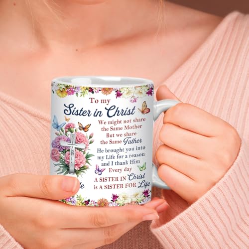 Personalized Sister in Christ Mug, Custom Name Christian Gift for Sister, Floral Cross Coffee Mug, Religious Inspirational...
