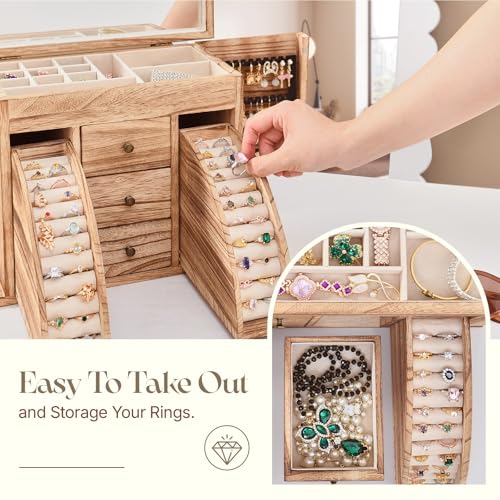 Poyilooo Jewelry Box Organizer, Solid Wood Jewelry Boxes fow Women with Mirror, Large Jewelry Organizer Box Display Earrin...