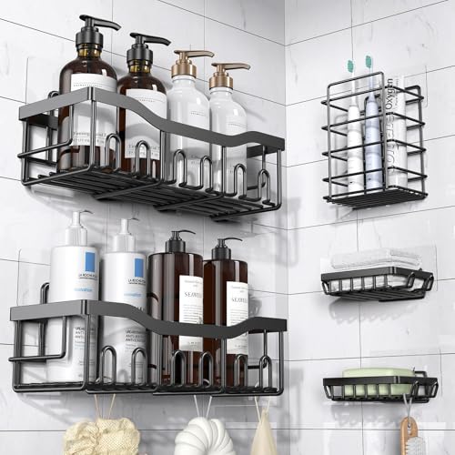 EUDELE Adhesive Shower Caddy, 5 Pack Rustproof Stainless Steel Bath Organizers With Large Capacity, No Drilling Shelves fo...