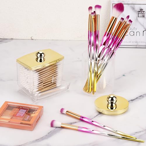 Tbestmax 2 Pack Qtips Dispenser - Bathroom Organizers and Storage Containers, Plastic Apothecary Jars with Gold Lids for C...