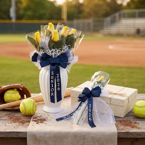 Suncalla 6 Pcs Senior 2026 Softball Rose with Bows Artificial Fake Softball Flower Gifts Graduation Senior Night Gifts Bas...