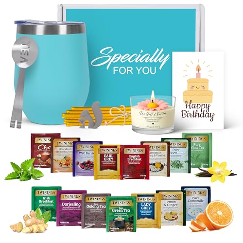Birthday Gift Set with Stainless Tumbler, 15 Assorted Teas, 10 Honey Straws, Tea Tongs, Scented Candle and Greeting Card i...