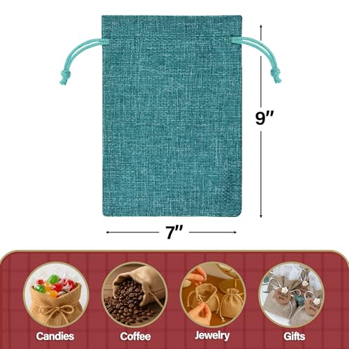 Mandala Crafts 7X9 Inch Teal Burlap Drawstring Gift Bags for Favors - 20 Medium Linen Sacks Gift Pouches for Candy, Coffe...
