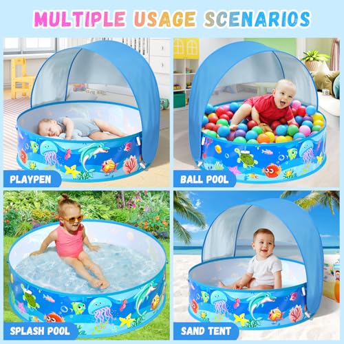 Baby Beach Tent, Pop-Up Above Ground Pool, Foldable Kiddie Pool with Sun Shelter Canopy for Ages 9-48 Months, Toddler Wadi...