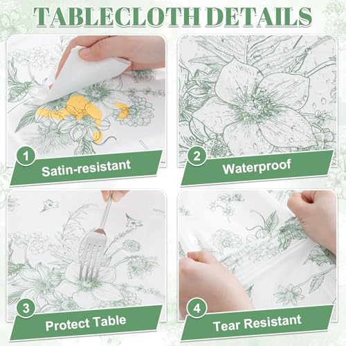 3 Pack Sage Green Floral Plastic Tablecloths, 54 X 108Inch Tea Party Tablecloth Disposable Table Cloths Green and White Po...