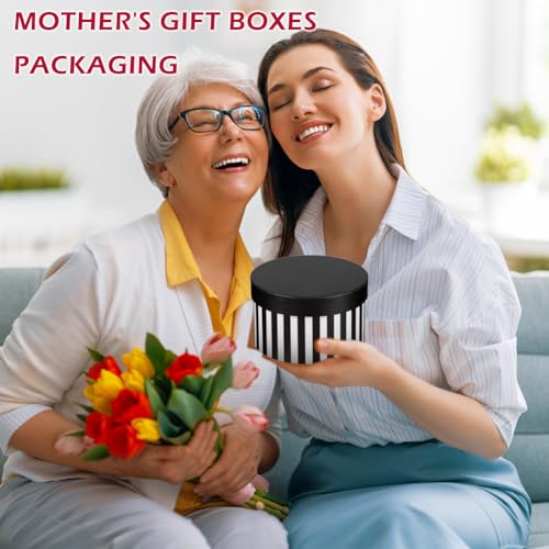 Oairse Gift Boxes with Lids for Presents Black and White Striped Round Box for Flower Arrangements Set of 4 Nesting Gift B...