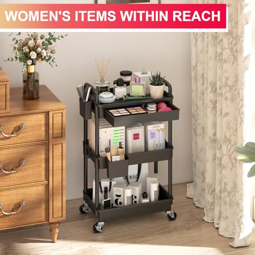 Goovilla 3 Tier Rolling Utility Cart Organizer with Removable Drawer, Stable and Sturdy Black Rolling Storage Carts with 2...