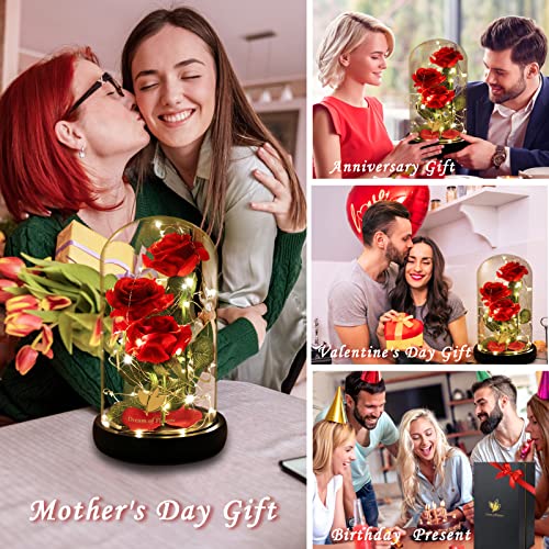 Dream of Flowers Mother Day Enchanted Red Gifts for Mom,Beauty and The Beast Rose in Glass Dome,Anniversary Rose Gifts for...