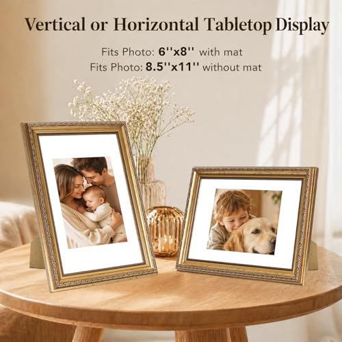 JCJMY 8.5x11 Vintage Picture Frame with 6x8 Mat, Elegant Retro 8.5 by 11 Photo Frame with Shatter-Resistant Plexiglass for...