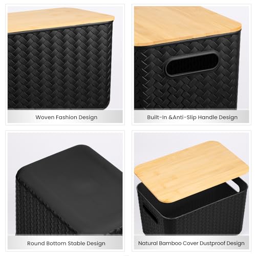Ohmlove 4 Packs Storage Bins with Bamboo Lids - Plastic Storage Containers with Lids Stackable Storage Box: Storages Baske...