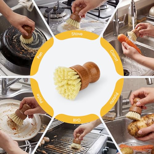 DEBETOOL 3-Pack Wooden Dish Brush - Natural Dish Scrubber & Vegetable Brush with Sisal Bristles, Kitchen Scrub Brush for P...