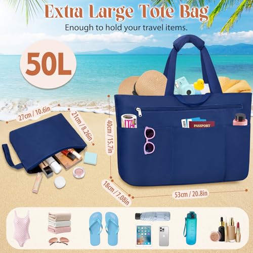 HUANLANG Large Beach Tote Bags for Women Men,Big Beach Bag with Zipper Wet Pocket,Extra Large Tote Bag for Travel Pool