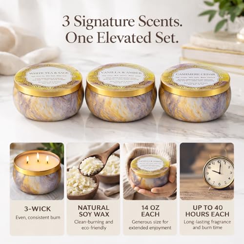 YMing 3-Wick Candle Gift Set, 3 Pack, 14 oz Each, Scented Candles for Home, White Tea & Sage, Vanilla & Amber, Cashmere Cedar