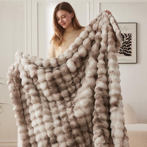 COOVA Faux Fur Throw Blanket for Couch, Cozy Soft and Fuzzy Plush Rabbit Fur Bubble Blanket for Sofa Bedroom Living Room, ...