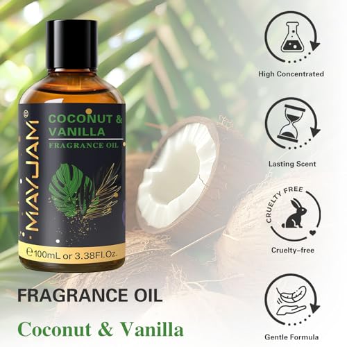 MAYJAM 100ML/3.38FL.OZ Coconut & Vanilla Fragrance Oils with Glass Dropper, Essential Oils for Diffusers for Home, Long La...