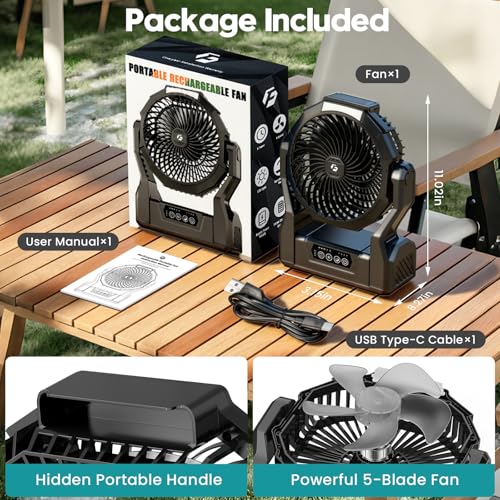 XZK Camping Fan, 20000mAh Rechargeable Battery Powered Fan with LED Lantern, Cordless Portable Tent Fan with Hanging Hook,...