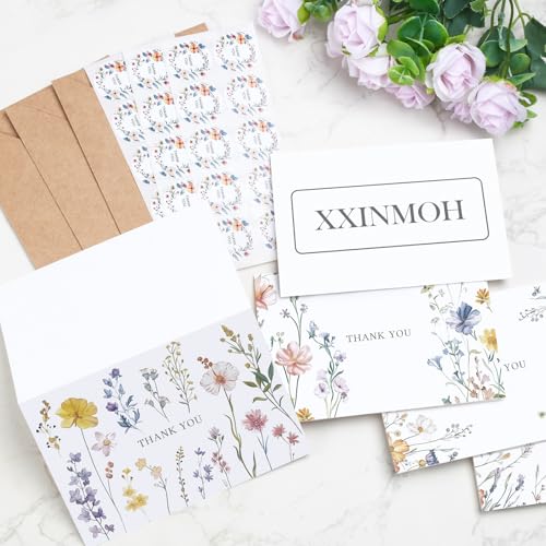 XXINMOH 102 PACK Floral Thank You Cards With Envelopes (4"x6") - Wildflower Blank Cards With Adhesive Envelopes & Matching...
