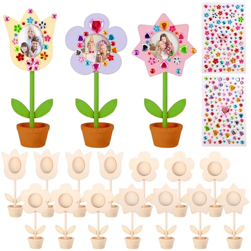 14 Sets DIY Paintable Wood Flowers Photo Holders, Mother's Day Crafts Wooden Flower Picture Frames, Spring Flower Pot Unfi...