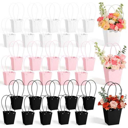 tchrules 30pcs Flower Box for Arrangement, Waterproof Bouquet Wrapping Bag With Handle Pink White Black Paper Floral Box f...