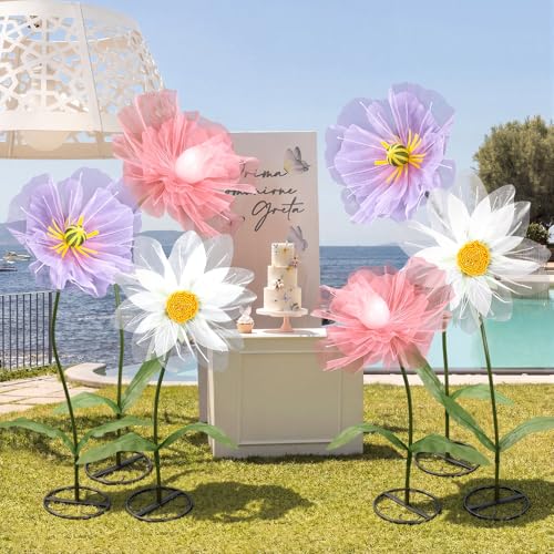 Leinuosen 3 Pcs Giant Flowers for Decoration 5.6 ft Large Organza Flowers with Stand for Spring Tea Bridal Shower Wedding ...