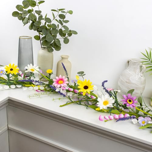 Yawwind Farmhouse Spring Garland 6 FT Vintage Spring Flower Garlands Summer Floral Garland Wildflower Garlands with Daisy ...