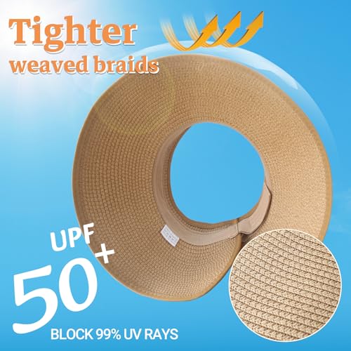 JYxingchi Sun Visor Hats for Women Straw Wide Brim Ponytail Beach Hat Packable Foldable UV Protection Travel Hats