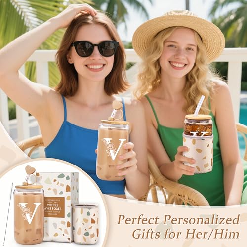 Personalized Gifts for Women, Monogrammed Gifts for Women, Initial 16 oz Glass Cups With Lids and Straws, Customized Mug, ...