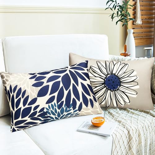 RYSMIYOU Decorative Throw Pillow Covers Set of 4 Blue Pillow Covers 12x20 inch Throw Pillow Cases Linen Square Pillow Cas...