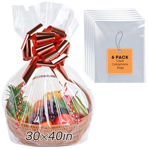 Yuiicaov 6PCS Extra Large Cellophane Bags, 30x40 Inches Clear Cellophane Wrap for Gift Baskets, Jumbo Huge Packaging Clear...
