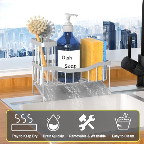 Maifan Sink Caddy Sponge Holder for Kitchen with Brush Holder and Stainless Steel Self Drain Tray, Rustproof Kitchen Sink ...