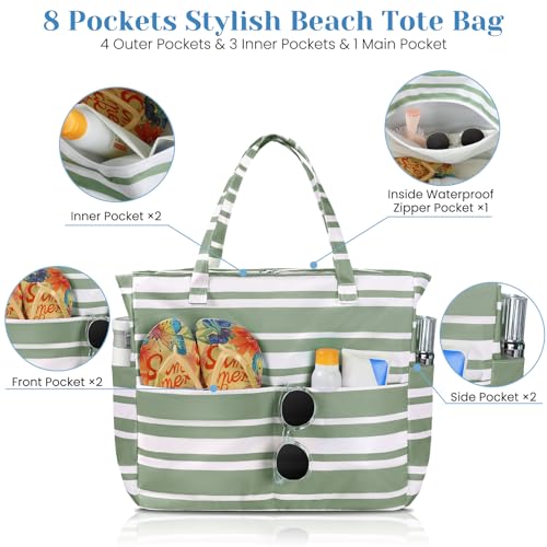 Trifabricy Beach Bags for Women Waterproof Sandproof Women Tote Bag, Large Beach Bag with Zipper for Gym Travel Vocation