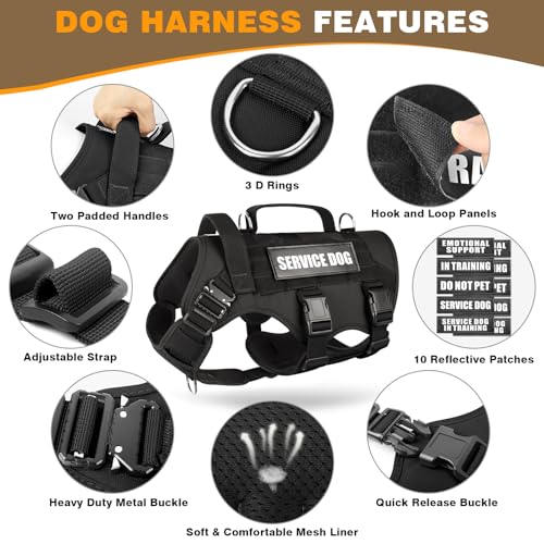 WINSEE Service Dog Vest Harness for Medium Dog, Tactical Working MOLLE Vest with 10 Pet Patches, No Pull Heavy Duty Harnes...