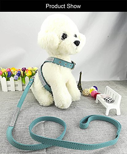 Newtensina Fashion Puppy Harness with Diamantes and Lead Cute Girl Bling Dog Harness with Bling Leash for Small Dogs - Blu...