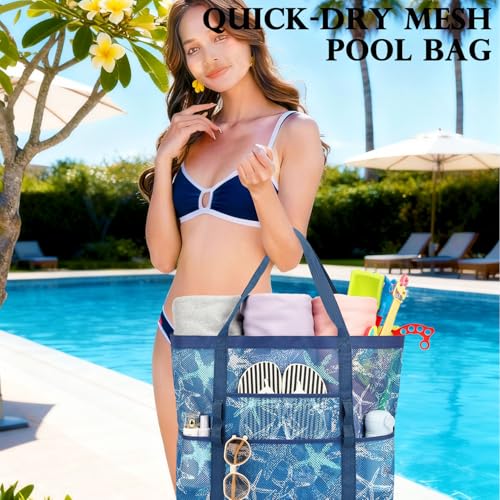 Fammart Mesh Beach Bag for Women, Large Beach Toy Pool Bag with Zipper Pocket, SandProof Cruise Essentials 2026 Family Travel