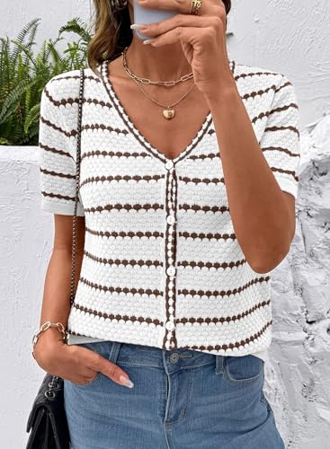 Dokotoo Cardigan Sweaters for Women Spring Summer Short Sleeve Crochet Striped V Neck Button Casual Lightweight Knit Tops