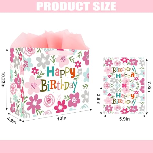 ASYEHJNR 13" Large Size Happy Birthday Gift Bag Pink Gray Teal Floral Flower with Colorful Happy Birthday Sign Boho Gift B...