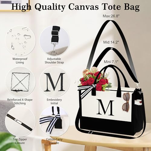 YOOLIFE Mothers Day Gifts - Initial Canvas Tote Bag & Makeup Bag, Birthday Gifts for Women Mom Sister Friends