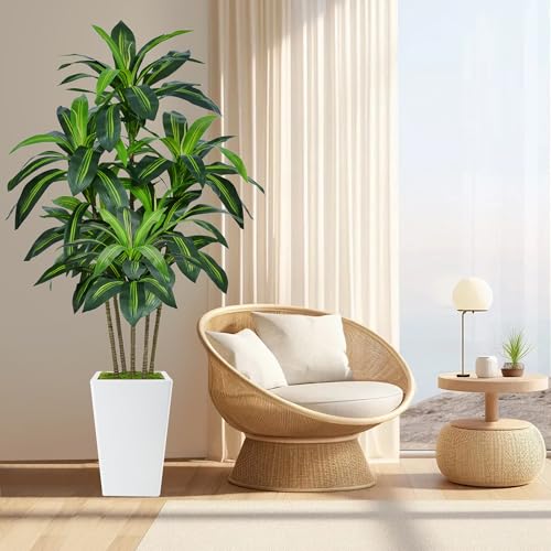 6FT Artificial Dracaena Tree, Fake Tree Indoor with White Tall Planter,Tall Artificial Plants Indoor,Artificial Silk Tree ...