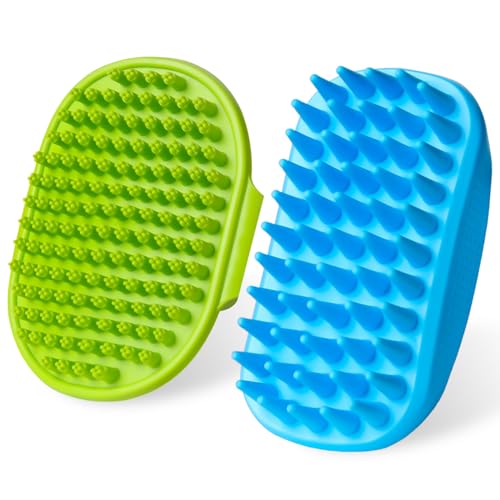 2PCS Dog Bath Brush Set | Adjustable Handle Dog Scrubber for Shampooing, Deshedding & Massaging, Suitable for Pets (Green ...