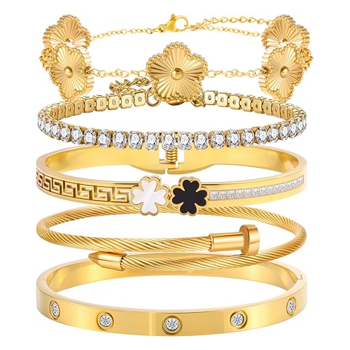 Camhanno 5pcs Gold Stackable Bracelet Set for Women - Stainless Steel Non-Tarnish Clover Lucky Charm Jewelry, Trendy Gift ...